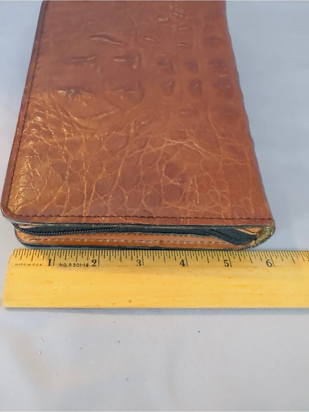 Embossed Croc-Texture Leather Address Planner Brown Zip, Vintage, 6 Ring Binder